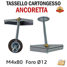 Carica l&#39;immagine nel visualizzatore di Gallery, Tassello a farfalla ancoretta per lastre cartongesso ancorina x lastra CTG ancerette per soffitti pareti a lastra acciaio con vite a croce foro D 12 mm M4x80
