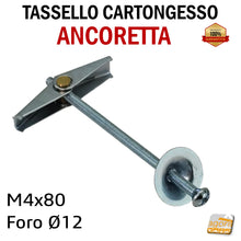 Carica l&#39;immagine nel visualizzatore di Gallery, Tassello a farfalla ancoretta per lastre cartongesso ancorina x lastra CTG ancerette per soffitti pareti a lastra acciaio con vite a croce foro D 12 mm M4x80 AKIFIX zincato
