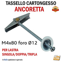 Carica l&#39;immagine nel visualizzatore di Gallery, Tassello a farfalla ancoretta per lastre cartongesso ancorina x lastra CTG ancerette per soffitti pareti a lastra acciaio con vite a croce foro D 12 mm M4x80 foro muro Ø12 mm
