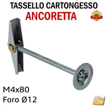 Carica l&#39;immagine nel visualizzatore di Gallery, Tassello a farfalla ancoretta per lastre cartongesso ancorina x lastra CTG ancerette per soffitti pareti a lastra acciaio con vite a croce foro D 12 mm M4x80 professionale AKIFIX
