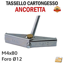 Carica l&#39;immagine nel visualizzatore di Gallery, Tassello a farfalla ancoretta per lastre cartongesso ancorina x lastra CTG ancerette per soffitti pareti a lastra acciaio con vite a croce foro D 12 mm M4x80 con rondella
