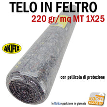 Carica l&#39;immagine nel visualizzatore di Gallery, Feltro Telo Protezione Pavimento Pittura 220gr/mq 1x25mt assorbente antimacchia AKIFIX 25MQ
