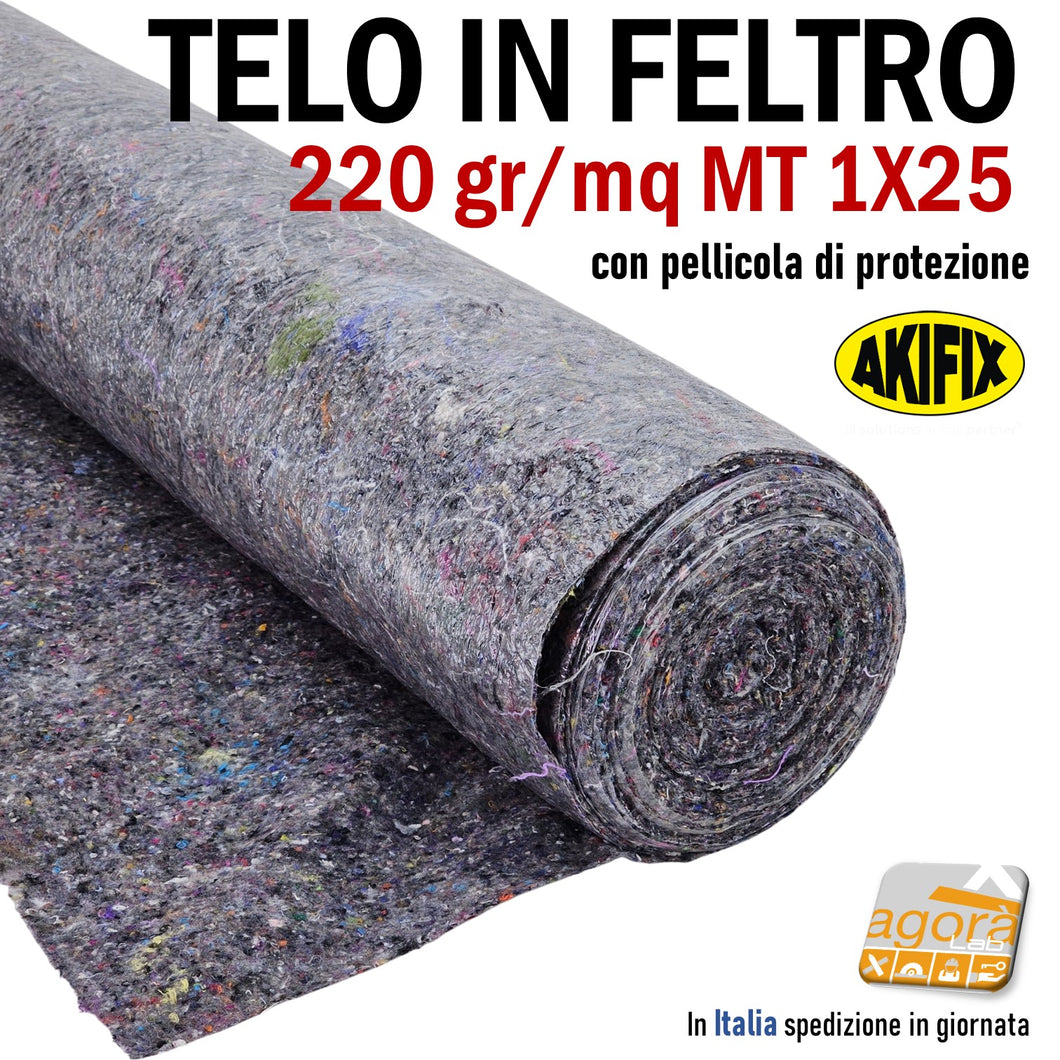 Feltro Telo Protezione Pavimento Pittura 220gr/mq 1x25mt assorbente antimacchia AKIFIX 25MQ