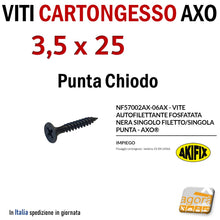 Load image into Gallery viewer, viti 25mm fissaggio lastre di cartongesso autofilettanti fosfatate nere testa svasata 3,5x25mm punta chiodo 1000pz lastra ctg akifix knauf abc sistem con bit
