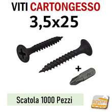 Load image into Gallery viewer, viti 25mm fissaggio lastre di cartongesso autofilettanti fosfatate nere testa svasata 3,5x25mm punta chiodo 1000pz lastra ctg akifix knauf abc sistem
