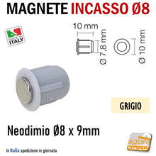 Carica l&#39;immagine nel visualizzatore di Gallery, CALAMITA PER MOBILI MAGNETE INCASSO TONDO D8X9 NEODIMIO GRIGIO grigia  0670
