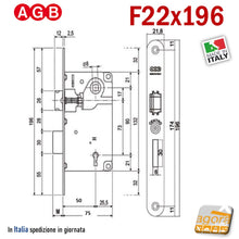 Carica l&#39;immagine nel visualizzatore di Gallery, SERRATURA PORTA PATENT FRONTALE 22x196mm AGB CENTRO E50 INT90 OTTONE LUC F196x22 chiave normale con chiavistello
