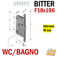 Carica l&#39;immagine nel visualizzatore di Gallery, SERRATURA PORTA FRONTALE 18x196 E50 I95 BONAITI BITTER T62 WC BAGNO MONETA entrata 5cm interasse 9,5cm f 196mm
