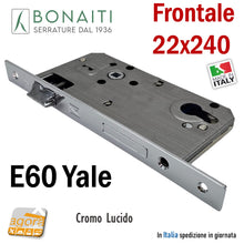 Carica l&#39;immagine nel visualizzatore di Gallery, SERRATURA PORTA BONAITI C22P Frontale 22X240mm CROMO LUCIDO Entrata 60 mm Interasse 85 mm Quadro 8x8 modello cilindro YALE BORDO QUADRO rettangolare 48C22060C5 OKAY
