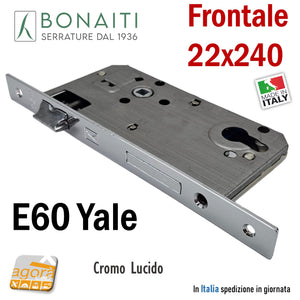 SERRATURA PORTA BONAITI C22P Frontale 22X240mm CROMO LUCIDO Entrata 60 mm Interasse 85 mm Quadro 8x8 modello cilindro YALE BORDO QUADRO rettangolare 48C22060C5 OKAY