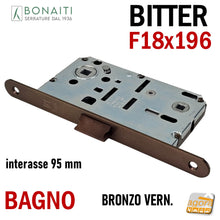 Carica l&#39;immagine nel visualizzatore di Gallery, SERRATURA PORTA FRONTALE 18x196 E50 I95 BONAITI BITTER T62 BRONZO WC BAGNO MONETA BRONZATA entrata 5cm interasse 9,5cm f 196mm bronzo bronzata verniciata marrone
