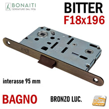 Carica l&#39;immagine nel visualizzatore di Gallery, SERRATURA PORTA FRONTALE 18x196 E50 I95 BONAITI BITTER T62 BRONZO WC BAGNO MONETA BRONZATA entrata 5cm interasse 9,5cm f 196mm bronzo anticato lucido satinato bronzata bronze sat
