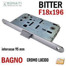 Carica l&#39;immagine nel visualizzatore di Gallery, SERRATURA PORTA FRONTALE 18x196 E50 I95 BONAITI BITTER T62 CROMO LUCIDO WC BAGNO MONETA cromata lucida entrata 5cm interasse 9,5cm f 196mm door lock bonaiti original
