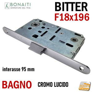 SERRATURA PORTA FRONTALE 18x196 E50 I95 BONAITI BITTER T62 CROMO LUCIDO WC BAGNO MONETA cromata lucida entrata 5cm interasse 9,5cm f 196mm door lock bonaiti original