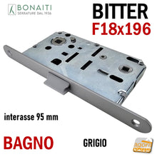 Carica l&#39;immagine nel visualizzatore di Gallery, SERRATURA PORTA FRONTALE 18x196 E50 I95 BONAITI BITTER T62 CROMO SAT WC BAGNO MONETA cromata satinata entrata 5cm interasse 9,5cm f 196mm grigia
