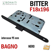 Carica l&#39;immagine nel visualizzatore di Gallery, SERRATURA PORTA FRONTALE 18x196 E50 I95 BONAITI BITTER T62 NERA OPACA WC BAGNO MONETA NERO OPACO MATT BLACK entrata 5cm interasse 9,5cm f 196mm door lock original
