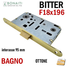 Carica l&#39;immagine nel visualizzatore di Gallery, SERRATURA PORTA FRONTALE 18x196 E50 I95 BONAITI BITTER T62 Ottone lucido WC BAGNO MONETA entrata 5cm interasse 9,5cm f 196mm ottonata 19,6 cm meccanica
