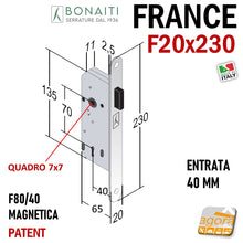 Load image into Gallery viewer, SERRATURA PORTA BONAITI PATENT F20X230 FRANCE E40 CROMO OPACO grigio Entrata 40 mm Interasse 70 mm Quadro maniglia 7x7 mm 47F801409E
