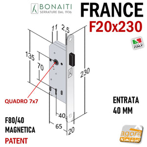 SERRATURA PORTA BONAITI PATENT F20X230 FRANCE E40 CROMO OPACO grigio Entrata 40 mm Interasse 70 mm Quadro maniglia 7x7 mm 47F801409E