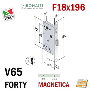 V65 NG Originale Bonaiti serratura magnetica per porte reversibili bonaiti b-forty N65 frontale 18x196mm frontale 19,6cm scrocco centrale nylon BONAITI N65 ottone lucido ottonata entrata 5cm 50mm interasse 9cm 90mm con chiave normale FORTY NG V65 48V651501E 48N651501E