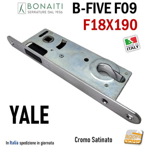 SERRATURA PORTA INTERNA MAGNETICA B-FIVE BONAITI F09 YALE FRONTALE 18X190MM E30 INT 85 entrata 3 cm cromo satinato opaco frontale 190x18mm 19cm foro per eurocilindro cilindro scrocco nero quadro maniglia 8x8