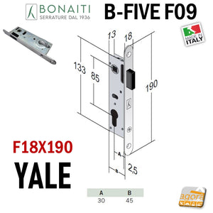 SERRATURA PORTA INTERNA MAGNETICA B-FIVE BONAITI F09 YALE FRONTALE 18X190MM E30 INT 85 entrata 3 cm cromo satinato opaco frontale 190x18mm 19cm foro per eurocilindro cilindro scrocco nero quadro maniglia 8x8 schema disegno misure