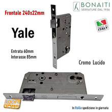 Carica l&#39;immagine nel visualizzatore di Gallery, SERRATURA PORTA BONAITI C22P Frontale 22X240mm CROMO LUCIDO Entrata 60 mm Interasse 85 mm Quadro 8x8 modello cilindro YALE BORDO QUADRO rettangolare 48C22060C5 OKAY
