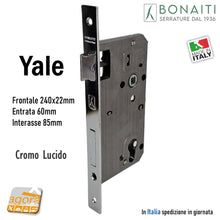 Carica l&#39;immagine nel visualizzatore di Gallery, SERRATURA PORTA BONAITI C22P Frontale 22X240mm CROMO LUCIDO Entrata 60 mm Interasse 85 mm Quadro 8x8 modello cilindro YALE BORDO QUADRO rettangolare 48C22060C5 OKAY
