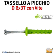 Carica l&#39;immagine nel visualizzatore di Gallery, Tassello in nylon di colore verde con testa bombata e viti in acciaio zincate a picchio a percussione da martellare 6x37 D6x40 tasselli per cartongesso con collare ABC SISTEM o AKIFIX
