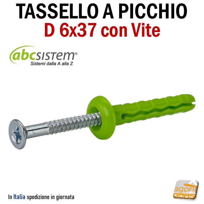 Tassello in nylon di colore verde con testa bombata e viti in acciaio zincate a picchio a percussione da martellare 6x37 D6x40