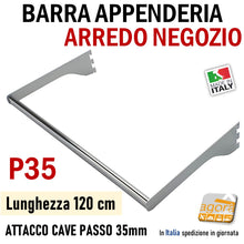 Carica l&#39;immagine nel visualizzatore di Gallery, BARRA APPENDERIA X CAVETTATO P35 CROMO L 120cm APPENDIABITI PORTA ABITI ATTREZZATURA PARETE NEGOZIO
