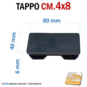 mm80x40 - BLACK Finned head cover insole cap for tubular metal tubular tubes to be pressed in. Toe cap with wings for metal carpentry table structures frames. In well finished quality black plastic. Cap Caps End Caps Rectangular Plastic tube sealing lids. mm40x80 cm8x4 price industrial distributor manufacturer production of plastic materials. Caps available fast shipping.