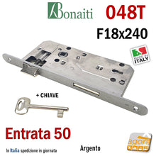 Load image into Gallery viewer, SERRATURA PORTA PATENT FRONTALE 18x240mm BONAITI 048T E50 I90 +CHIAVE ARGENTO VERNICIATO
