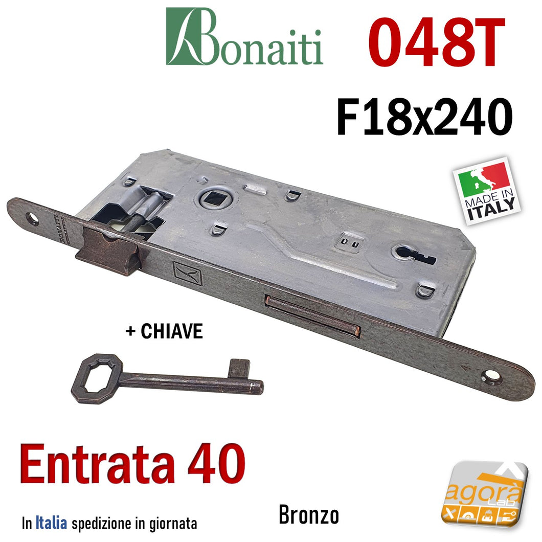 SERRATURA PORTA PATENT FRONTALE 18x240mm BONAITI 048T E40 I90 ENTRATA 4CM INTERASSE 9CM E40 I90 CON CHIAVE F 240X18 BRONZO BRONZATA