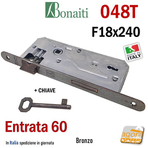 SERRATURA PORTA PATENT FRONTALE 18x240mm BONAITI 048T E60 I90 +CHIAVE BRONZO BRONZATA ENTRATA 6CM INTERASSE 9CM