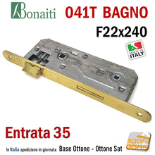 Carica l&#39;immagine nel visualizzatore di Gallery, SERRATURA PORTA PATENT GRANDE BAGNO FRONTALE 22x240mm BONAITI 041T-35 BASE OTTONE SATINATO E35 I90 41BT
