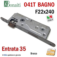 Carica l&#39;immagine nel visualizzatore di Gallery, SERRATURA PORTA PATENT GRANDE BAGNO FRONTALE 22x240mm BONAITI 041T-35 BRONZO E35 I90 BRONZATA ENTRATA 35 mm
