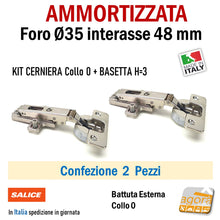 Carica l&#39;immagine nel visualizzatore di Gallery, KIT CERNIERA CON BASETTA AMMORTIZZATA CUCINA CON BASE FORO 35mm x 13,5mm SOFT RICAMBIO SALICE interasse 48mm collo 0 battuta esterna
