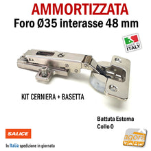 Load image into Gallery viewer, KIT CERNIERA CON BASETTA AMMORTIZZATA CUCINA CON BASE FORO 35mm x 13,5mm SOFT RICAMBIO SALICE interasse 48mm  pluriregolabile serie 200 110gradi
