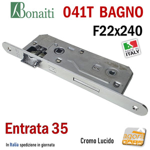 SERRATURA PORTA PATENT GRANDE BAGNO FRONTALE 22x240mm BONAITI 041T-35 CROMO LUCIDO CROMATA E35 I90 ENTRATA 35mm