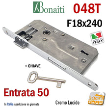 Load image into Gallery viewer, SERRATURA PORTA PATENT FRONTALE 18x240mm BONAITI 048T E50 I90 COMPLETA DI CHIAVE CROMO LUCIDO ENTRATA 5CM INTERASSE 9CM
