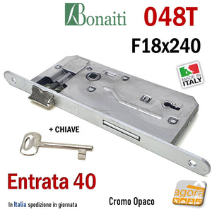 SERRATURA PORTA PATENT FRONTALE 18x240mm BONAITI 048T E40 I90 ENTRATA 4CM INTERASSE 9CM E40 I90 CON CHIAVE F 240X18 CROMO OPACO