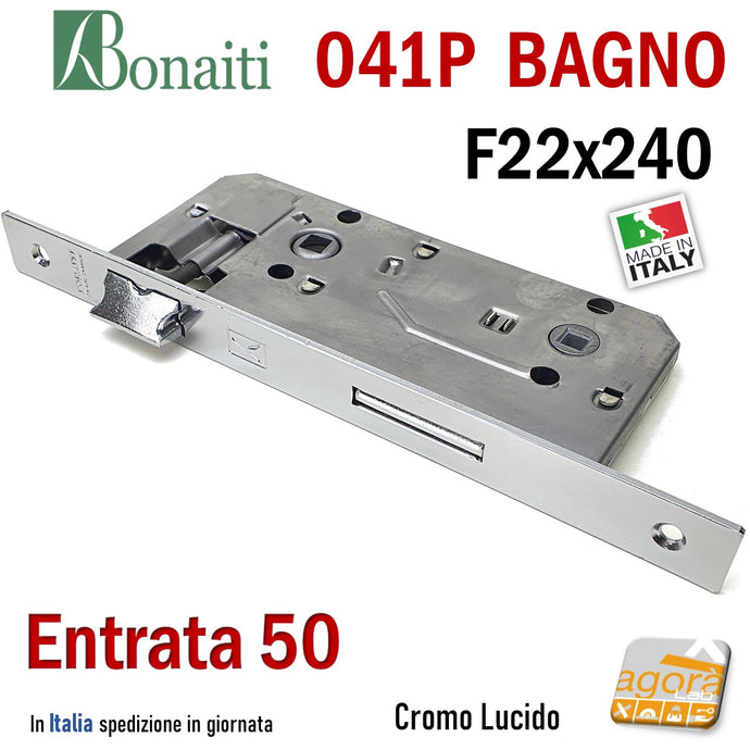 SERRATURA PORTA PATENT GRANDE BAGNO FRONTALE 22x240mm QUADRO BONAITI 041P-50 CROMO LUCIDO E50 I90 entrata 5cm interasse 9cm f 240x22