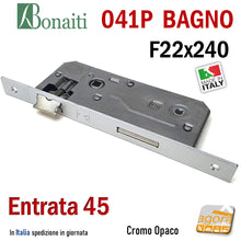 Carica l&#39;immagine nel visualizzatore di Gallery, SERRATURA PORTA PATENT GRANDE BAGNO FRONTALE 22x240mm QUADRO BONAITI 041P-45 CROMO OPACO E45 I90 Interasse 9cm
