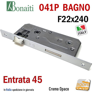 SERRATURA PORTA PATENT GRANDE BAGNO FRONTALE 22x240mm QUADRO BONAITI 041P-45 CROMO OPACO E45 I90 Interasse 9cm