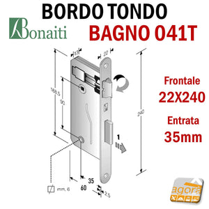 SERRATURA PORTA PATENT GRANDE BAGNO FRONTALE 22x240mm BONAITI 041T-35 E35 I90 41BT