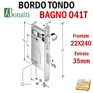 SERRATURA PORTA PATENT GRANDE BAGNO FRONTALE 22x240mm BONAITI 041T-35 OTTONE E35 I90 41BT