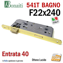 Load image into Gallery viewer, SERRATURA PORTA PATENT GRANDE BAGNO FRONTALE 22x240mm OKAY BONAITI 541T-40 OTTONE E40 I90
