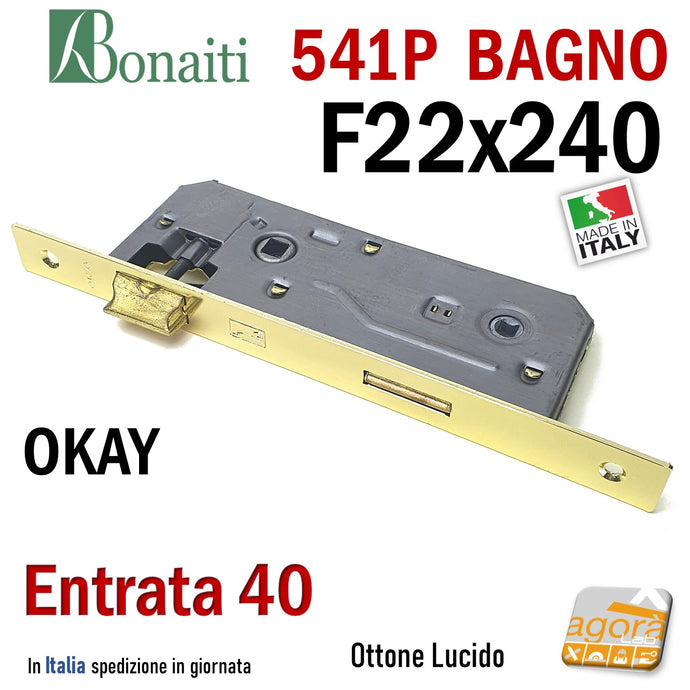 SERRATURA PORTA BAGNO FRONTALE QUADRO 22x240mm OKAY BONAITI 541P OTTONE E40 I90 PATENT GRANDE frontale 24cm rettangolare