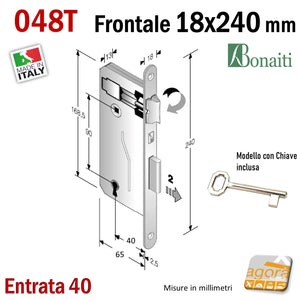 SERRATURA PORTA PATENT FRONTALE 18x240mm BONAITI 048T E40 I90 ENTRATA 4CM INTERASSE 9CM E40 I90 CON CHIAVE F 240 X 18